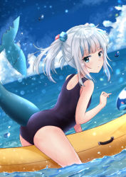 Rule 34 | 1girl, ass, banana boat, bent over, blue eyes, blue sky, blunt bangs, cloud, cloudy sky, commentary request, cube, fins, fish tail, gawr gura, hair ornament, hololive, hololive english, horizon, long hair, looking at viewer, looking to the side, m ko (maxft2), ocean, old school swimsuit, one side up, riding, school swimsuit, sidelocks, signature, silver hair, sky, solo, swimsuit, tail, virtual youtuber, water drop