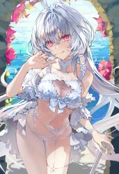 Rule 34 | 1girl, :q, ahoge, bare shoulders, bikini, bow, breasts, cleavage, collarbone, commentary request, fate/grand order, fate/prototype, fate (series), feet out of frame, flower, frilled bikini, frilled swimsuit, frills, highres, lady avalon (fate), lady avalon (second ascension) (fate), licking lips, long hair, looking at viewer, medium breasts, merlin (fate/prototype), navel, ocean, official alternate costume, pink flower, poppoman, red eyes, shadow, sky, smile, solo, swimsuit, thighs, tongue, tongue out, twintails, very long hair, white bikini, white bow, white hair
