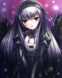 Rule 34 | 00s, 1girl, :d, black dress, black ribbon, black wings, blunt bangs, blush, choker, crossed bangs, detached collar, dress, gothic lolita, hairband, light particles, lolita fashion, lolita hairband, long hair, long sleeves, looking at viewer, open mouth, parted lips, pink background, puffy long sleeves, puffy sleeves, red eyes, ribbon, rozen maiden, sidelocks, silver hair, simple background, smile, solo, suigintou, upper body, v arms, wings