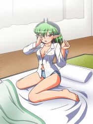 Rule 34 | 1girl, barefoot, blanket, bow, bow panties, breasts, cleavage, collarbone, covered erect nipples, curtains, demon girl, demon horns, eldelita (rakurakutei ramen), futon, green hair, highres, horns, large breasts, long sleeves, midriff, naked shirt, navel, no pants, one eye closed, open clothes, open mouth, open shirt, original, panties, pillow, pointy ears, rakurakutei ramen, red eyes, rubbing eyes, shirt, sitting, slit pupils, solo, striped clothes, striped panties, tatami, underwear, waking up, wariza, wink