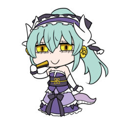 Rule 34 | 1girl, bare shoulders, blue hair, chibi, dot nose, dress, elbow gloves, fate/grand order, fate (series), folding fan, full body, gloves, hair between eyes, hand fan, horn ornament, horns, kiyohime (fate), kiyohime (formal dress) (fate), langbazi, long dress, long hair, looking at viewer, obi, purple dress, riyo (lyomsnpmp) (style), sash, simple background, smile, solo, standing, tail, white background, white gloves, yellow eyes