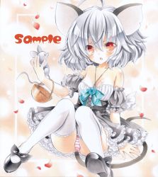 Rule 34 | 1girl, :o, ahoge, alternate costume, animal ears, ayuayu (chisuke ayu), bad id, bad pixiv id, bare shoulders, basket, breasts, cleavage, female focus, grey hair, holding, jewelry, looking at viewer, mary janes, mouse (animal), mouse ears, mouse tail, nazrin, open mouth, panties, pantyshot, pendant, red eyes, sample watermark, shoes, short hair, sitting, small breasts, solo, striped clothes, striped panties, tail, thighhighs, touhou, traditional media, underwear, watermark, white thighhighs