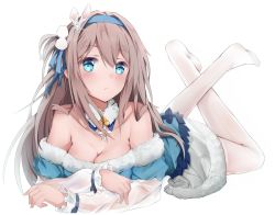 Rule 34 | 1girl, bare shoulders, blonde hair, blue dress, blue eyes, blue headband, blue ribbon, blush, breasts, cleavage, closed mouth, collar, collarbone, crossed ankles, crossed arms, dress, fur-trimmed dress, fur trim, girls&#039; frontline, hair between eyes, hair ornament, hair ribbon, hairband, headband, hemyi, long hair, looking at viewer, lying, marcellokito!, medium breasts, no shoes, off shoulder, official alternate costume, on stomach, ribbon, see-through, sidelocks, simple background, snowflake hair ornament, solo, suomi (girls&#039; frontline), suomi (korvatunturi pixie) (girls&#039; frontline), thighhighs, thighs, white background, white thighhighs