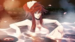 Rule 34 | 1girl, ban! (bansankan), bathing, breasts, chaos code, hair over breasts, hermes gberardini, large breasts, long hair, looking at viewer, nude, official art, red hair, solo, water, wet