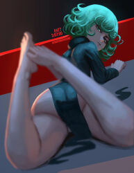 Rule 34 | 1girl, absurdres, artist name, ass, barefoot, black dress, blurry, collared dress, commentary, curly hair, depth of field, dress, dudeunderscore, english commentary, feet up, from behind, full body, green eyes, green hair, highres, long sleeves, looking at viewer, looking back, lying, on stomach, one-punch man, short hair, side slit, simple background, skindentation, solo, tatsumaki, thighs, toes