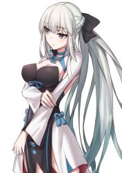 Rule 34 | 1girl, ahoge, black bow, black dress, blue eyes, bow, braid, breasts, center opening, cleavage, dress, elfenlied22, fate/grand order, fate (series), french braid, grey hair, hair bow, large breasts, long hair, long sleeves, looking to the side, morgan le fay (fate), pelvic curtain, ponytail, sidelocks, solo, two-tone dress, very long hair, white dress, wide sleeves