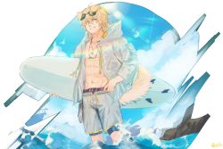 Rule 34 | 1boy, absurdres, animal ears, arknights, blonde hair, blue eyes, dog ears, eyewear on head, highres, jewelry, male focus, necklace, surfboard, tail, tequila (arknights), wet, wet clothes