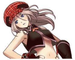 Rule 34 | 10s, 1girl, alisa ilinichina amiella, background removed, blue eyes, breasts, female focus, god eater, god eater burst, hat, large breasts, long hair, lowres, midriff, navel, official art, open mouth, plaid, project x zone, silver hair, simple background, solo, thighhighs, transparent background, underboob, white background