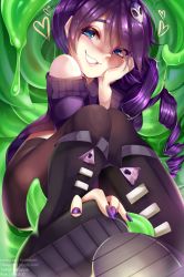 Rule 34 | 1girl, absurdres, ass, bare shoulders, black thighhighs, blue eyes, boots, breasts, cleavage, drill hair, hair ornament, heart, heart-shaped pupils, highres, kyoppaii, long hair, off-shoulder, off-shoulder sweater, off shoulder, purple hair, solo, sweater, symbol-shaped pupils, tentacles, thighhighs, zone-tan