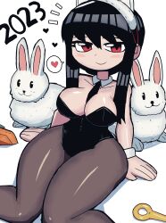 Rule 34 | 1girl, 2023, 2others, absurdres, animal, bare shoulders, between breasts, black hair, black leotard, black pantyhose, breasts, carrot, chinese zodiac, cleavage, collarbone, female focus, food, happy new year, highres, large breasts, leotard, long hair, looking at viewer, multiple others, necktie, necktie between breasts, new year, pantyhose, playboy bunny, rabbit, red eyes, shiny skin, sidelocks, sitting, smile, solo, spy x family, thick thighs, thighs, tony welt, wide hips, year of the rabbit, yor briar
