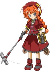 Rule 34 | 00s, 1girl, ahoge, beret, blue eyes, book, boots, braid, expressionless, flipper, full body, gauntlets, graf eisen, grimoire, hat, holding, holding book, long hair, looking down, lyrical nanoha, mahou shoujo lyrical nanoha, mahou shoujo lyrical nanoha a&#039;s, mallet, puffy sleeves, red hair, simple background, skirt, skirt set, solo, standing, tome of the night sky, twin braids, twintails, vita (nanoha)