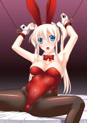 Rule 34 | 1girl, animal ears, armpits, arms up, bdsm, blonde hair, blue eyes, bondage, bound, bound wrists, bow, bowtie, breasts, cameltoe, cleavage, cuffs, detached collar, fake animal ears, hair ribbon, large breasts, leotard, long hair, long twintails, looking at viewer, mabinogi, nao (mabinogi), open mouth, pantyhose, playboy bunny, rabbit ears, ribbon, sitting, solo, spread legs, twintails, umitsubame, white hair, wrist cuffs