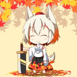 Rule 34 | 1girl, ^ ^, animal ears, autumn leaves, bare shoulders, blush, busoushinkimms, chibi, detached sleeves, closed eyes, hat, inubashiri momiji, leaf, pom pom (clothes), sarashi, short hair, silver hair, simple background, skirt, smile, solo, sword, tail, tokin hat, touhou, weapon, wolf ears, wolf tail, yellow background