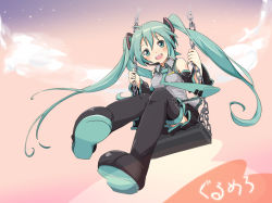 Rule 34 | 00s, 1girl, aqua eyes, aqua hair, detached sleeves, foreshortening, from below, full body, hatsune miku, headset, ixy, matching hair/eyes, necktie, orange sky, sky, solo, star (sky), starry sky, swing, thighhighs, twintails, vocaloid