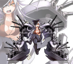 Rule 34 | 1girl, armor, black pantyhose, breasts, facial scar, gangut (kancolle), grey hair, gun, hat, jacket, jacket on shoulders, kantai collection, large breasts, long hair, long sleeves, looking at viewer, military, military hat, military jacket, military uniform, naval uniform, ocean, open mouth, pantyhose, peaked cap, ryuu tou, scar, scar on cheek, scar on face, smoking pipe, solo, turret, uniform, weapon, yellow eyes