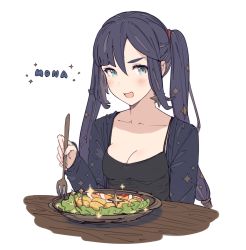Rule 34 | 1girl, alternate costume, aqua eyes, blush, breasts, casual, character name, collarbone, commentary request, der weisheit letzter schluss (life) (genshin impact), earrings, egg, food, fork, genshin impact, hair ornament, hanarito, holding, holding fork, jewelry, lettuce, long hair, long sleeves, looking at viewer, medium breasts, mona (genshin impact), no headwear, no headwear, open mouth, plate, purple hair, salad, simple background, sitting, solo, sparkle, tomato, twintails, upper body, white background