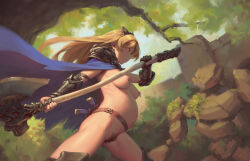 Rule 34 | 1girl, armor, armored boots, axe, battle axe, belt, big belly, bigrbear, blonde hair, blue cape, boots, breasts, brown belt, cape, commentary request, dagger, female pubic hair, forest, gauntlets, golem, headgear, highres, holding, holding axe, holding weapon, huge weapon, knife, long hair, medium breasts, naked cape, nature, navel, nearly naked cape, nipple piercing, nipple rings, nipples, original, outdoors, outie navel, pauldrons, piercing, pointy breasts, pregnant, pubic hair, red eyes, scabbard, sheath, sheathed, shoulder armor, single gauntlet, single vambrace, solo, uncensored, vambraces, variant set, weapon