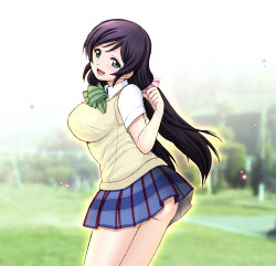 Rule 34 | 10s, 1girl, :d, breasts, day, green eyes, harukigenia, highres, huge breasts, long hair, looking at viewer, love live!, love live! school idol project, no panties, open mouth, outdoors, purple hair, school uniform, skirt, smile, solo, sweater vest, tojo nozomi, twintails