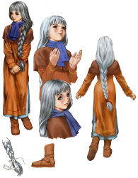 Rule 34 | 1girl, ascot, blunt bangs, blush, boots, braid, breasts, brown footwear, from behind, full body, hair over shoulder, hair ribbon, lips, long hair, long sleeves, looking at viewer, multiple views, official art, own hands together, parted lips, platina (valkyrie profile), ribbon, robe, silver hair, simple background, single braid, smile, v arms, valkyrie profile (series), very long hair, white background, white ribbon, yoshinari kou, yoshinari you