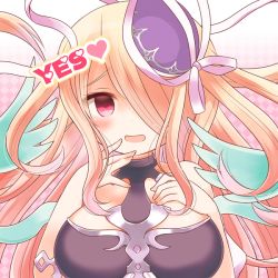 Rule 34 | 1girl, bad id, bad pixiv id, bare shoulders, blush, breasts, dress, hair over one eye, hat, hat ribbon, heart, large breasts, long hair, mashiro miru, open mouth, pandora (p&amp;d), pink eyes, puzzle &amp; dragons, ribbon, smile, solo, very long hair, yes
