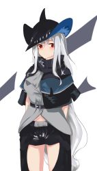 Rule 34 | 1girl, arknights, bad id, bad pixiv id, belt, belt buckle, black belt, black capelet, black hat, black pants, buckle, capelet, closed mouth, clothing cutout, commentary, eyebrows hidden by hair, hair between eyes, hat, highres, inniyik, long hair, pants, red eyes, side cutout, silver hair, simple background, skadi (arknights), solo, very long hair, white background