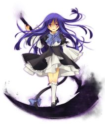 bad_id bad_pixiv_id blue_hair cat_tail dress frederica_bernkastel kou_(project-n) long_hair purple_eyes ribbon scythe solo tail umineko_no_naku_koro_ni