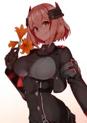 Rule 34 | 1girl, azur lane, blonde hair, breasts, brown eyes, closed mouth, commentary request, cross, flower, hair between eyes, head tilt, headgear, highres, holding, holding flower, iron cross, jacket, large breasts, long sleeves, looking at viewer, marshall k, multicolored hair, red hair, roon (azur lane), short hair, simple background, smile, solo, streaked hair, white background, wide-eyed