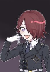 Rule 34 | 1boy, :d, belt, black jacket, blush, collared shirt, commentary request, gloves, hair over one eye, jacket, long sleeves, male focus, master detective archives: rain code, military uniform, nanuti kun, open mouth, outline, purple eyes, red hair, shirt, short hair, signature, smile, solo, uniform, upper body, white belt, white gloves, white outline, white shirt, yomi hellsmile