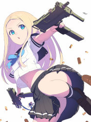 Rule 34 | 1girl, aiming, black skirt, black socks, blonde hair, blouse, blue bow, blue bowtie, bow, bowtie, brown footwear, bullet, convenient leg, crop top, crop top overhang, dual wielding, enkyo yuuichirou, finger on trigger, gun, highres, hisho collection, holding, holding gun, holding weapon, kneehighs, loafers, long hair, looking away, looking to the side, mac-10/11, machine pistol, midriff, miniskirt, navel, original, outstretched arms, pleated skirt, school uniform, serafuku, shell casing, shirt, shoes, short sleeves, simple background, skirt, socks, solo, spread arms, submachine gun, torn clothes, upshirt, upskirt, vertical forward grip, weapon, white background, white shirt