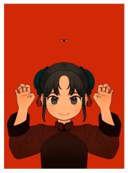 Rule 34 | 1girl, akai sashimi, black eyes, black hair, bun cover, hands up, long sleeves, looking at viewer, original, red background, sidelocks, smile, solo, upper body