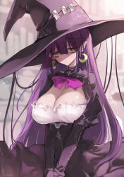 Rule 34 | 1girl, breasts, cleavage, earrings, hat, highres, jewelry, large breasts, long hair, looking at viewer, original, pointy ears, puffy sleeves, purple hair, solo, very long hair, witch hat, won (az hybrid), yellow eyes