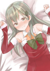 Rule 34 | 10s, 1girl, alternate costume, bad id, bad pixiv id, bare shoulders, bed sheet, blush, breasts, brown eyes, christmas, christmas tree hair ornament, detached collar, detached sleeves, dress, fur-trimmed sleeves, fur trim, green hair, green ribbon, hair ornament, kantai collection, large breasts, looking at viewer, lying, natsu (sinker8c), on back, red dress, ribbon, santa costume, smile, solo, suzuya (kancolle)