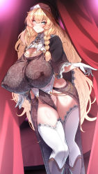 Rule 34 | 1girl, absurdres, blonde hair, blue eyes, blush, braid, breasts, cleavage, corset, covered erect nipples, curtains, curvy, dutch angle, floral print, gloves, groin, habit, hair between eyes, hair over shoulder, highres, hip vent, huge breasts, indoors, konoshige (ryuun), lace, lace-trimmed legwear, lace trim, large areolae, large nipples, long hair, looking at viewer, nipples, no panties, nun, nun (konoshige), original, pelvic curtain, puffy areolae, puffy nipples, revealing clothes, see-through, shiny skin, shrug (clothing), sidelocks, sister-san (konoshige), smile, solo, standing, thick thighs, thighhighs, thighs, very long hair, wide hips