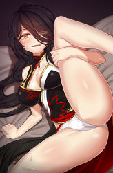 Rule 34 | 1girl, ara haan, bare arms, bare legs, bare shoulders, black hair, blush, breasts, commentary, devi (elsword), elsword, holding legs, large breasts, leg up, long hair, nt00, on bed, open mouth, panties, photoshop (medium), revision, smirk, solo, sweat, thick thighs, thighs, underwear, white panties, yellow eyes