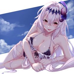 Rule 34 | 1girl, :d, absurdres, bare shoulders, bikini, blush, breasts, cleavage, closed eyes, collarbone, dark jeanne, feather hair ornament, feathers, flower, granblue fantasy, hair between eyes, hair flower, hair ornament, highres, kuen (kuennn12), large breasts, long hair, looking at viewer, lying, off shoulder, on side, open mouth, outside border, purple bikini, red eyes, see-through, sidelocks, silver hair, smile, solo, swimsuit