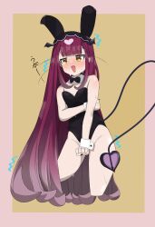 Rule 34 | 1girl, absurdres, animal ears, arm between legs, arm under breasts, bare arms, bare legs, bare shoulders, bat wings, black bow, black bowtie, black hat, black nails, blush, bow, bowtie, breasts, breath, brown background, clenched hands, collar, collarbone, demon girl, demon tail, detached collar, embarrassed, eyebrows, eyelashes, fake animal ears, fang, feet out of frame, female focus, fingernails, hat, head wings, highleg, highleg leotard, highres, leotard, long hair, looking at viewer, maou-jou de oyasumi, motion lines, nail polish, nervous, open mouth, petite, pink background, playboy bunny, purple hair, simple background, slit pupils, small breasts, solo, strapless, strapless leotard, succyun, tail, tears, trembling, tsukumo (pixiv44536358), two-tone background, very long hair, white collar, white wrist cuffs, wings, wrist cuffs, yellow eyes