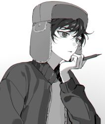 Rule 34 | 1boy, bx6yg, cosplay, craig tucker, fur hat, greyscale, hand on own cheek, hand on own face, hat, highres, holding, holding pencil, jacket, kyle broflovski, kyle broflovski (cosplay), long sleeves, looking ahead, male focus, monochrome, pencil, solo, south park, upper body, ushanka