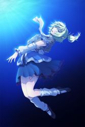 Rule 34 | 1girl, arm warmers, blonde hair, gradient background, green eyes, isaki (gomi), leg warmers, looking at viewer, mizuhashi parsee, pointy ears, ponytail, profile, scarf, short hair, short sleeves, solo, touhou, underwater, white scarf