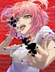 Rule 34 | 1girl, censored, doki doki literature club, glitch, glitch censor, hand gesture, highres, imucy, looking at viewer, middle finger, natsuki (doki doki literature club), open mouth, pink eyes, pink hair, shirt, short hair, solo, tongue, tongue out, twintails, white shirt