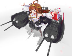 Rule 34 | 10s, 1girl, ahoge, ajino (sakanahen), armpits, artist name, bare shoulders, black skirt, boots, breasts, brown footwear, brown hair, cannon, detached sleeves, double bun, from above, hair bun, hairband, headgear, highres, japanese clothes, kantai collection, kongou (kancolle), kongou kai ni (kancolle), large breasts, long hair, machinery, nontraditional miko, open mouth, outstretched arms, petals, pleated skirt, purple eyes, radio antenna, ribbon, ribbon-trimmed sleeves, ribbon trim, shadow, skirt, solo, standing, thigh boots, thighhighs, turret