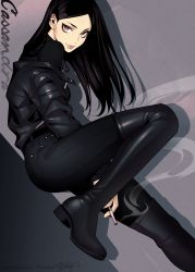 Rule 34 | 1girl, belt, black belt, black footwear, black hair, black jacket, black pants, black shirt, boots, brown eyes, cigarette, closed mouth, commentary, commission, denim, english commentary, eyeliner, fishine, from side, highres, holding, holding cigarette, jacket, knee up, leather, leather jacket, lips, long hair, long sleeves, looking at viewer, looking to the side, makeup, open clothes, open jacket, original, pants, shiny clothes, shirt, smile, smoke, smoking, solo, thigh boots, thighhighs