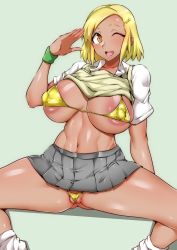 Rule 34 | 1girl, absurdres, angol mois, areola slip, blonde hair, breasts, clothes lift, covered erect nipples, dark-skinned female, dark skin, female focus, gggg, highres, keroro gunsou, large breasts, nipples, one eye closed, panties, partially visible vulva, pussy, salute, school uniform, shirt lift, short hair, sitting, solo, spread legs, swimsuit, underwear