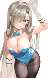 Rule 34 | 1girl, absurdres, animal ears, arm up, armpits, asuna (blue archive), asuna (bunny) (blue archive), bare shoulders, black pantyhose, blue archive, blue bow, blue bowtie, blue eyes, blue leotard, bow, bowtie, breasts, brown hair, cleavage, clenched teeth, cowboy shot, detached collar, fake animal ears, fake tail, gloves, grin, hair over one eye, hairband, highres, large breasts, leaning forward, leotard, long hair, looking at viewer, mole, mole on breast, oryo (oryo04), pantyhose, playboy bunny, rabbit ears, rabbit tail, simple background, smile, solo, standing, strapless, strapless leotard, tail, teeth, thighband pantyhose, thighs, traditional bowtie, very long hair, white background, white gloves