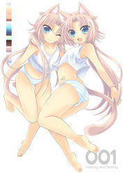 Rule 34 | 2girls, animal ears, bad id, bad pixiv id, barefoot, blue eyes, clone, color guide, fang, feet, flat chest, happy, highres, long hair, multiple girls, one eye closed, original, panties, pink hair, sakurai unan, smile, striped clothes, striped panties, tail, underwear, underwear only, wink