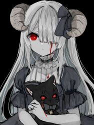 Rule 34 | 1girl, absurdres, animal, black background, black bow, black cat, black dress, blood, blood on arm, bloody tears, blunt bangs, bow, bright pupils, cat, collar, colored skin, cropped, curled horns, dress, frilled collar, frills, grey skin, hair bow, hair over one eye, highres, holding, holding animal, holding cat, horns, long hair, looking at viewer, okome 0216, one eye covered, original, parted lips, puffy short sleeves, puffy sleeves, red eyes, revision, ribbed shirt, shirt, short sleeves, simple background, solo, stitched fingers, straight-on, twitter username, upper body, watermark, white hair, white pupils, white shirt