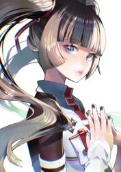 Rule 34 | 1girl, absurdres, black bodysuit, black hair, black nails, blue eyes, blunt bangs, bodysuit, commentary request, detached sleeves, from side, grey hair, highres, hololive, hololive dev is, juufuutei raden, kuzuno ha, long hair, looking at viewer, multicolored hair, official alternate costume, official alternate hairstyle, shirt, simple background, single detached sleeve, sleeveless, sleeveless shirt, sleeves past wrists, solo, steepled fingers, streaked hair, twintails, two-tone hair, upper body, virtual youtuber, white background, white shirt, white sleeves