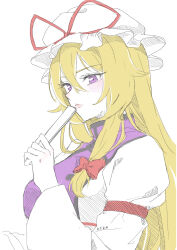 Rule 34 | 0002koko, 1girl, absurdres, blonde hair, bow, hair bow, hand fan, hat, hat ribbon, highres, holding, holding fan, long hair, mob cap, purple eyes, red bow, red ribbon, ribbon, simple background, solo, touhou, white background, white hat, yakumo yukari