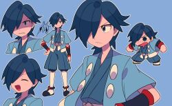 Rule 34 | 1boy, black footwear, black wristband, blue background, blue eyes, blue hair, chibi, closed mouth, commentary, creatures (company), falkner (pokemon), game freak, gen 1 pokemon, hair over one eye, hand on own hip, highres, jacket, japanese clothes, kimono, male focus, medium hair, multiple views, nintendo, outline, parted lips, pidgey, pokemon, pokemon hgss, shoes, shorts, smile, socks, standing, symbol-only commentary, tyako 089, white socks