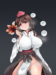 Rule 34 | 1girl, alternate costume, autumn leaves, bad id, bad pixiv id, bare legs, bow, breasts, brown hair, detached sleeves, covered erect nipples, hand fan, hand up, hat, hydrant (kasozama), japanese clothes, kourindou tengu costume, large breasts, leaf, leaf fan, licking lips, long sleeves, looking at viewer, maple leaf, no panties, obi, pom pom (clothes), pussy juice, red eyes, ribbon, ribbon-trimmed sleeves, ribbon trim, sash, shameimaru aya, short hair, smile, solo, standing, string, sweat, tokin hat, tongue, tongue out, touhou, wide sleeves