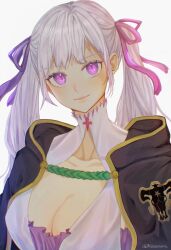 Rule 34 | 1girl, black bulls (emblem), black capelet, black clover, breasts, capelet, cleavage, closed mouth, collarbone, dress, grey hair, hair ribbon, highres, jacket, large breasts, looking at viewer, low twintails, noelle silva, portrait, purple dress, purple eyes, purple ribbon, ribbon, rizaavana, smile, solo, twintails, twitter username, white background, white jacket